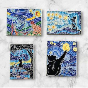 Starry Night Black Cat Enamel Pin Van Gogh Oil Painting Brooch Lapel Badge Set 4